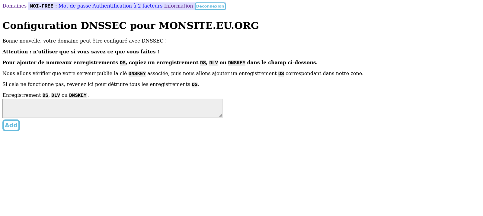 Configuration DNSSEC pour MONSITE.EU.ORG