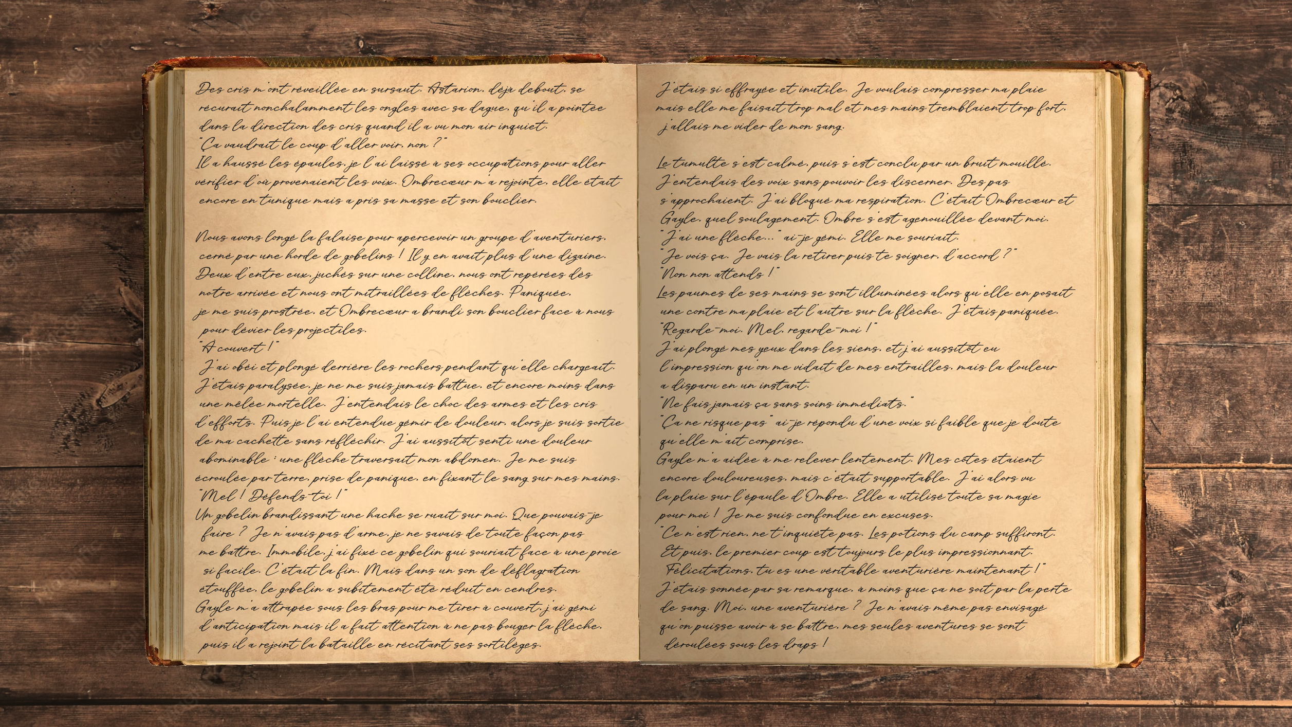 Première page du jour, avec le texte qui suit écrit en cursif. Le cahier est posé sur de vieilles planches en bois horizontales, éclairé par une lumière chaude et proche.