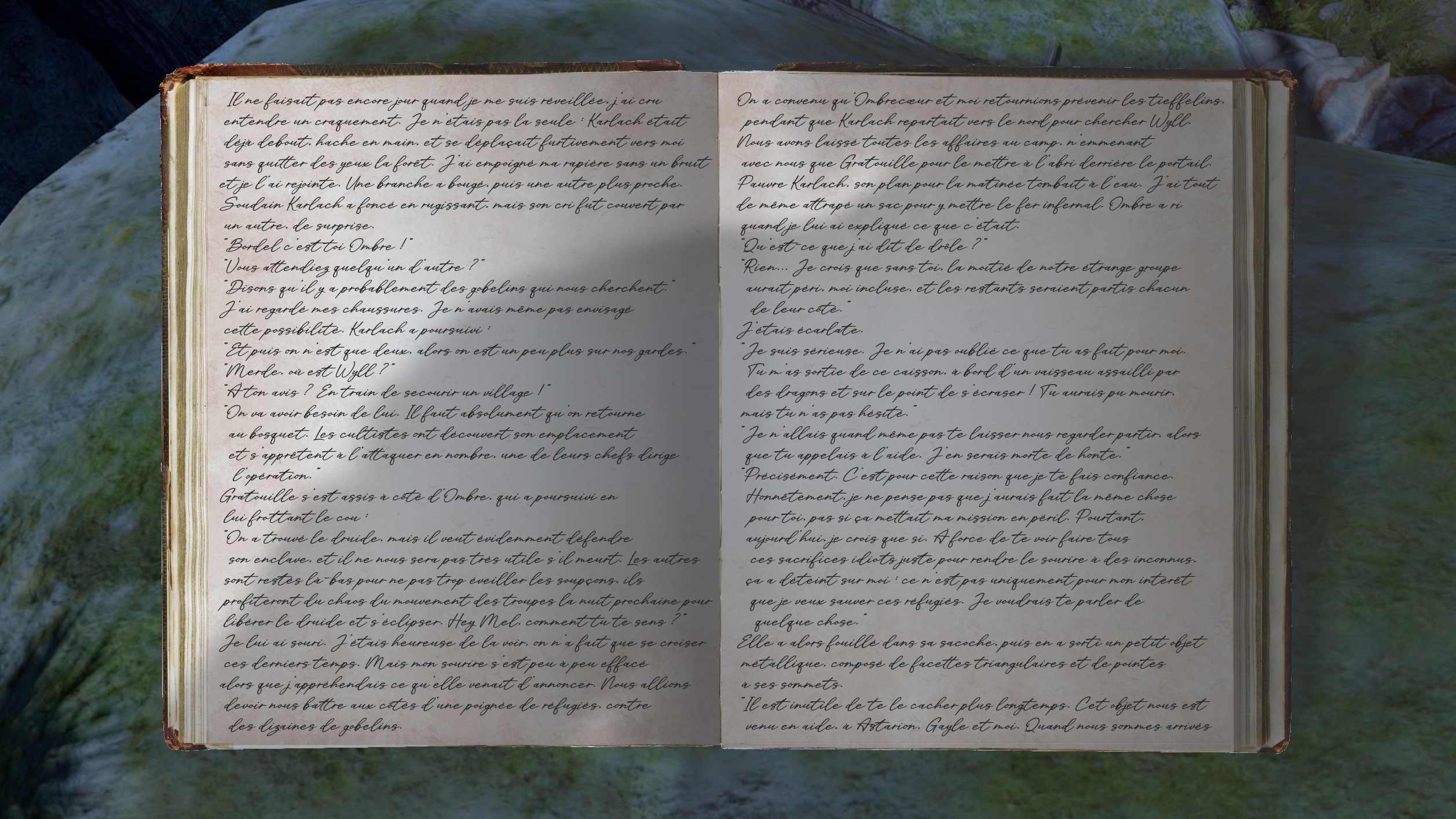 Première page du jour, sur trois. Le cahier est posé sur une roche couverte de mousse, éclairé par une lumière froide et lointaine. L'ombre de l'épaule et des cheveux de Mel se projettent dessus.