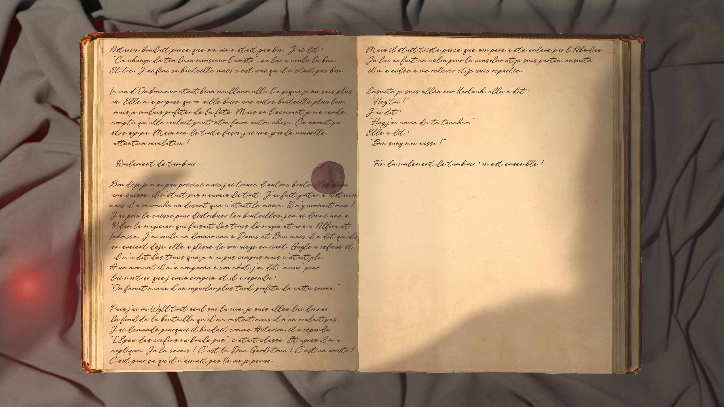 Unique page de ce chapitre. Le cahier est posé sur la paillasse de couchage de Mel, éclairé par une lumière chaude. On voit l'ombre de Mel projetée à droite, et à gauche, celle d'une bouteille de vin. Une tâche violacée dilue une partie du texte sur la page.