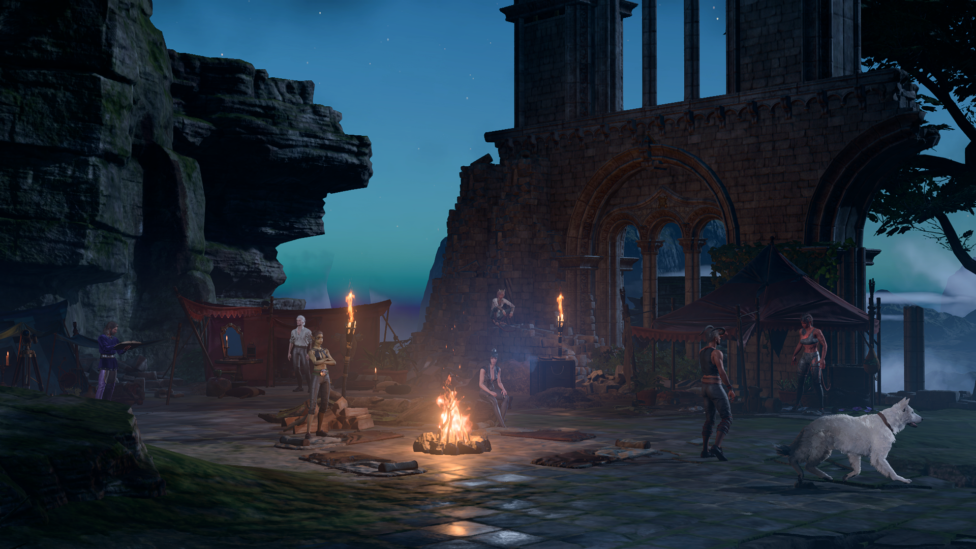 Capture du jeu, montrant le camp de nuit. Le groupe est installé entre une falaise et la façade en ruine d'un bâtiment dont des colonnes sculptées tiennent encore debout au bord d'un gouffre. Gayle bouquine, Astarion regarde vers la falaise, Lae'zel observe le feu bras croisés, Ombrecœur est assise sur un tronc couché, Mel est accroupie sur un muret près des ruines, Wyll observe la lune hors-champ en s'approchant de Karlach, et Gratouille semble s'intéresser à quelque chose plus loin.